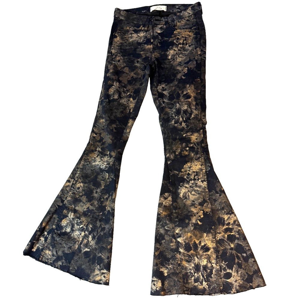 Free People Inferno Flare Black‎ Gold Floral Jeans 25 x 30 Bell Bottom Low-Rise